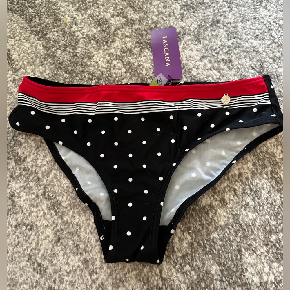 Lascana black and white polkadot red rimmed bikini bottoms size 4 new with tags
